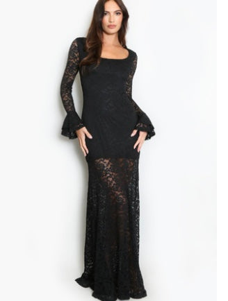 (PRE-ORDER)Black Lace Flare Cuffs Maxi Dress