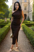 Chocolate Off The Shoulder Draped Top Midi Dress