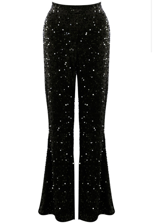 Black Sequin Flare Leg Trousers