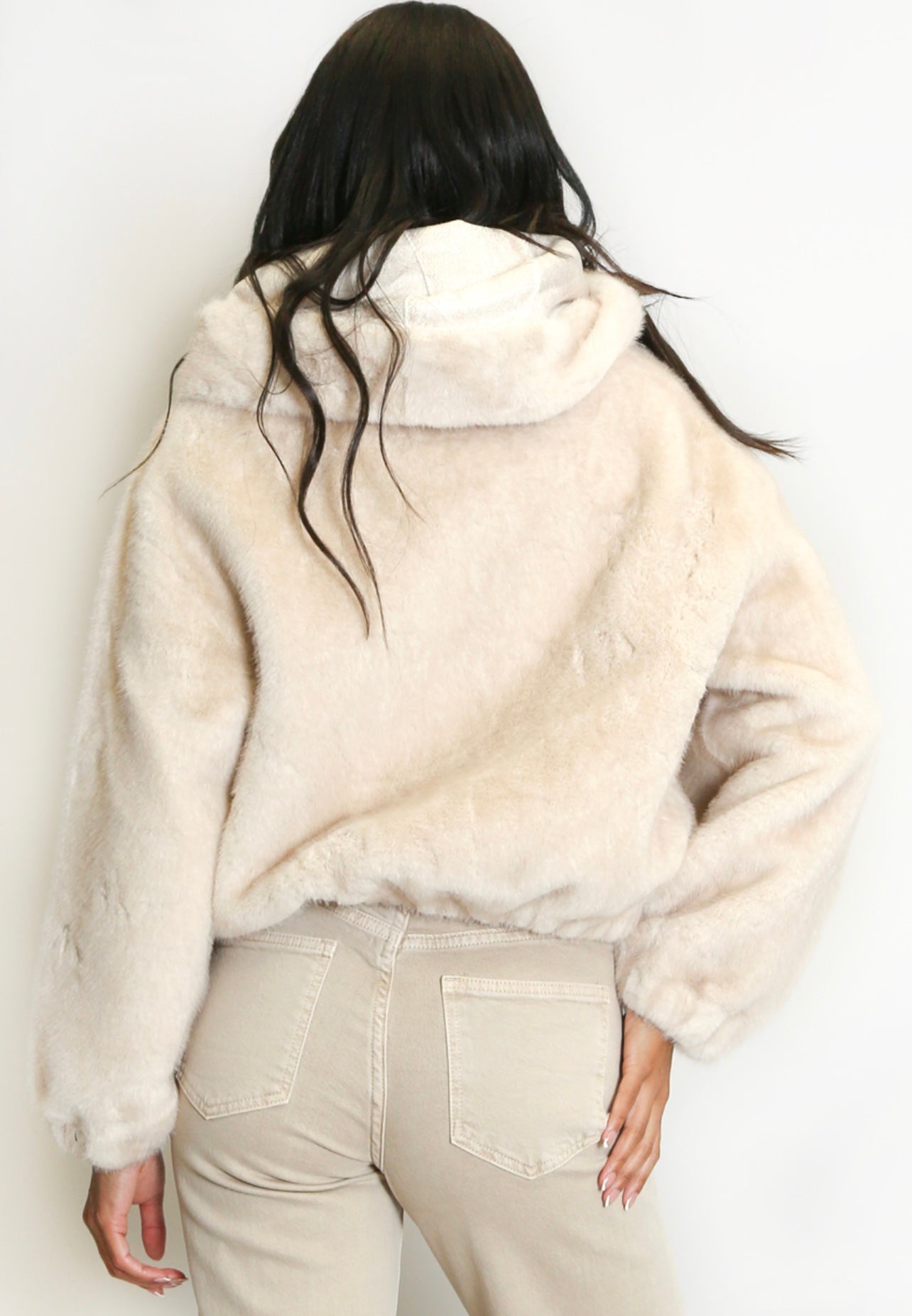 Beige Faux Fur Hooded Bomber Jacket