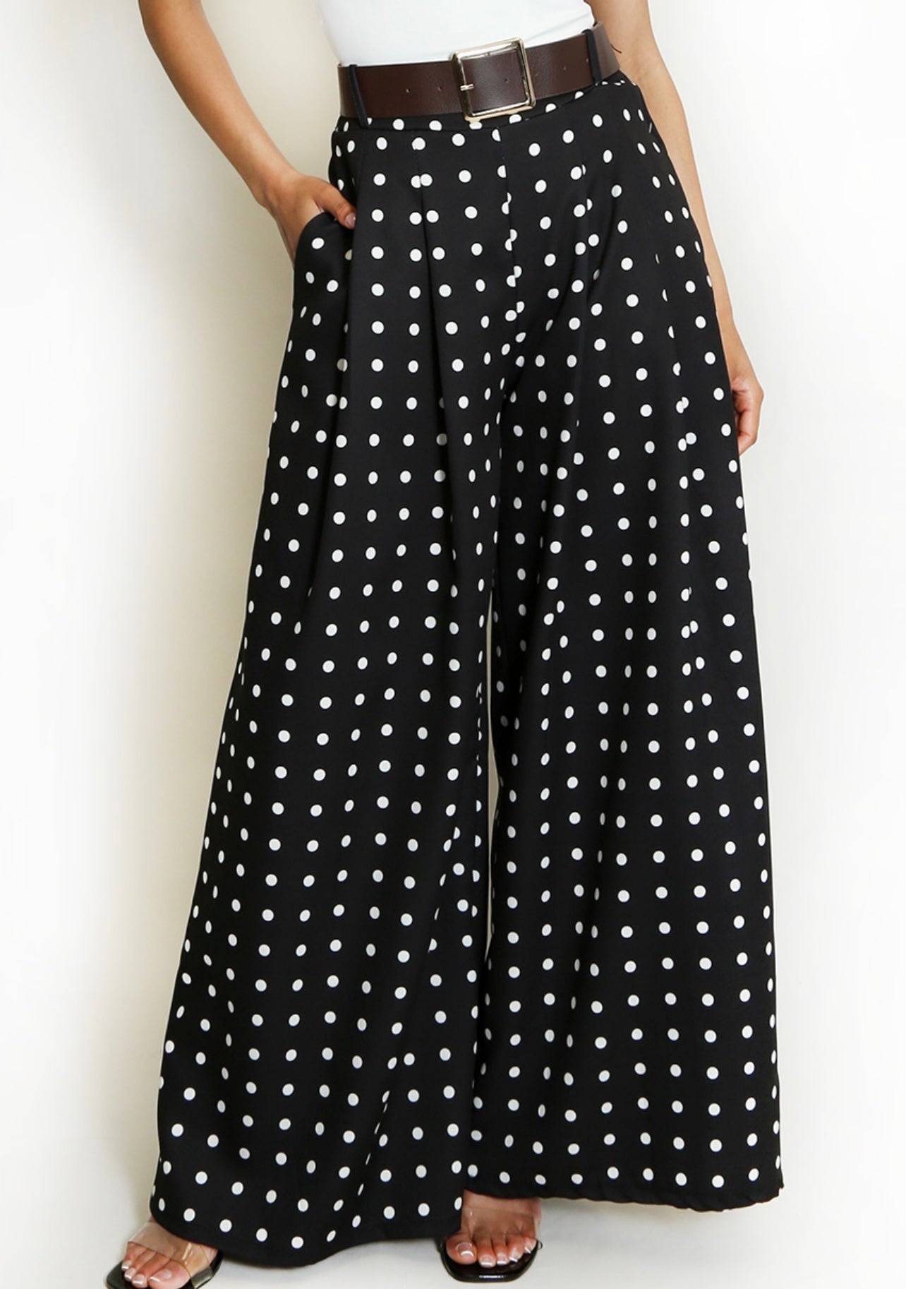 Black Polka Dots Wide Leg Belted Trousers