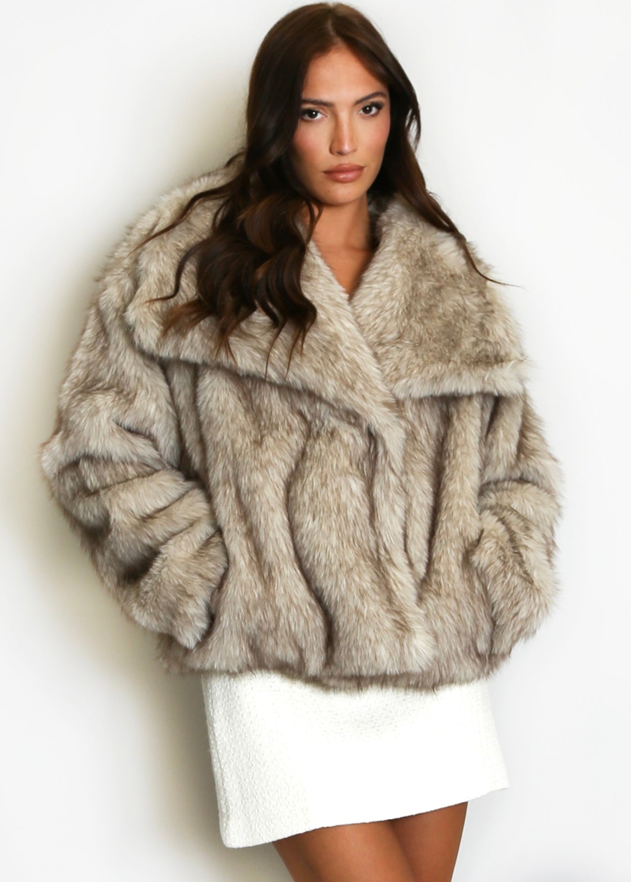 Taupe Oversized Lapel Faux Fur Jacket