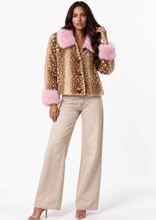 (PRE ORDER) Pink Deer Print Faux Fur Jacket With Fur Collar And Cuff