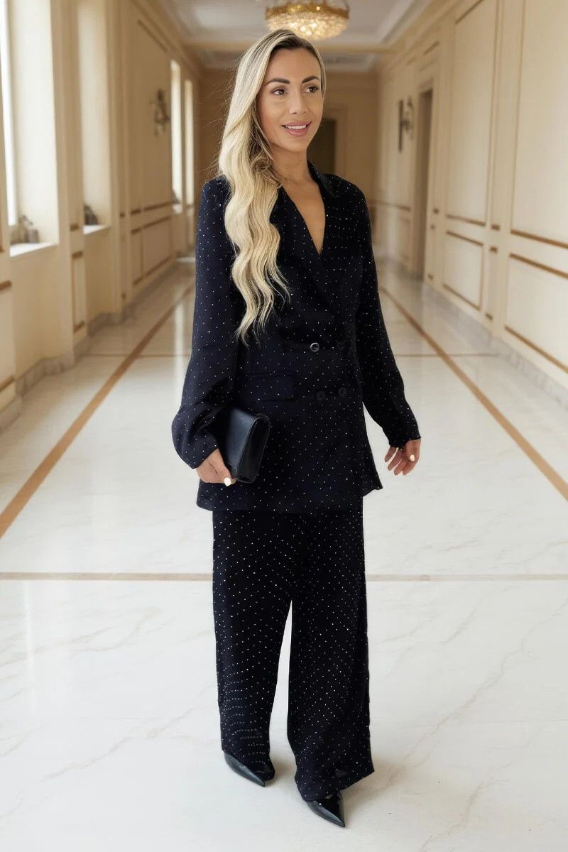 Black Diamante Wide Leg Trousers