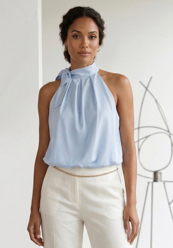 Blue Bow Neck Balloon Hem Blouse