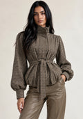 Khaki Checkered Balloon Sleeve Jacket