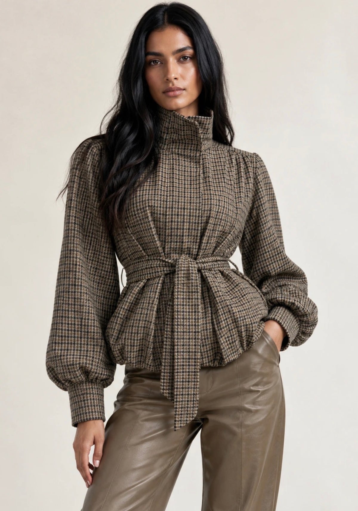 Khaki Checkered Balloon Sleeve Jacket
