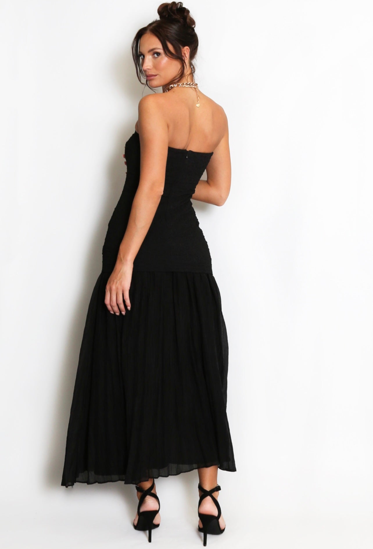 Black Chiffon Pleated Bandeau Maxi Dress