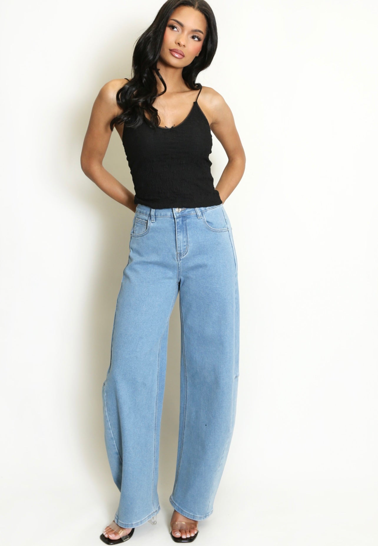 Mid Wash Paneled Barrel Jeans