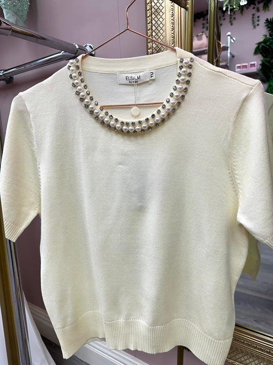 Lemon Pearl Detail Knit Top