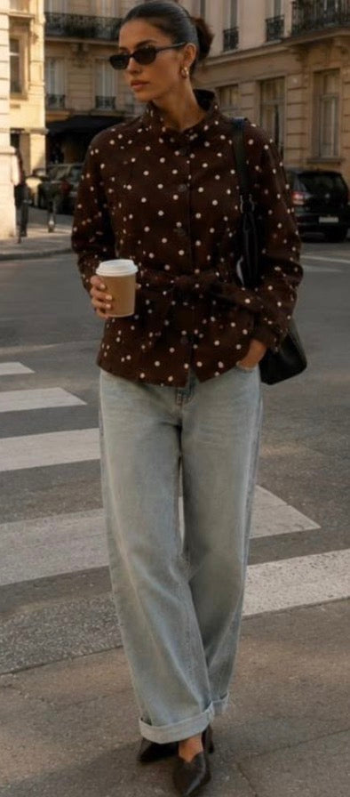 Brown Polka Dot Denim Tie Jacket