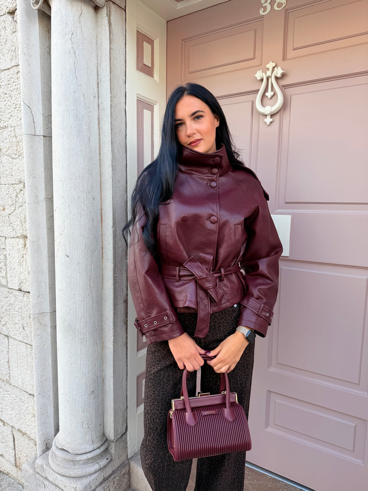 Burgundy High Neck Belted Pu Jacket