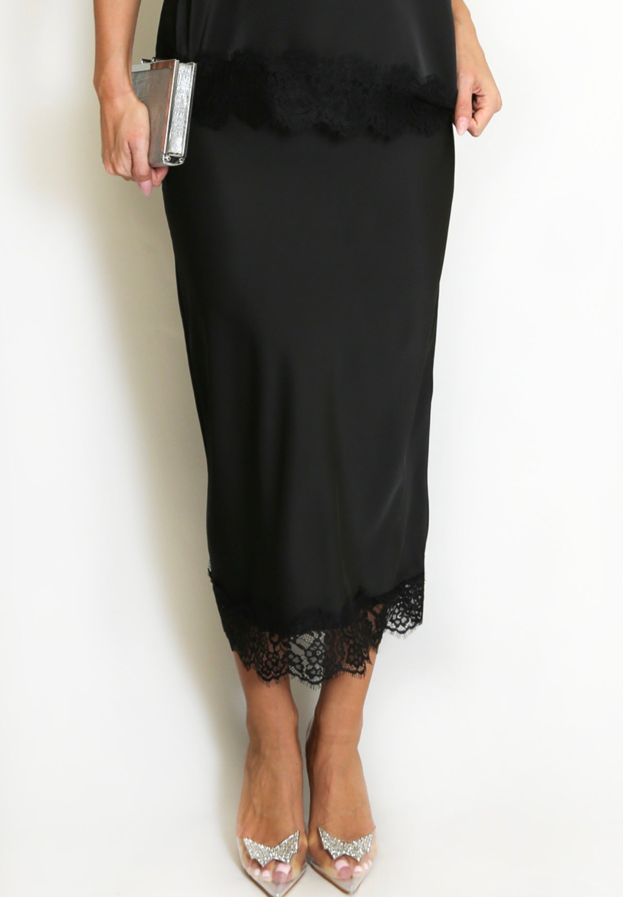 Black Lace Hem Satin Skirt