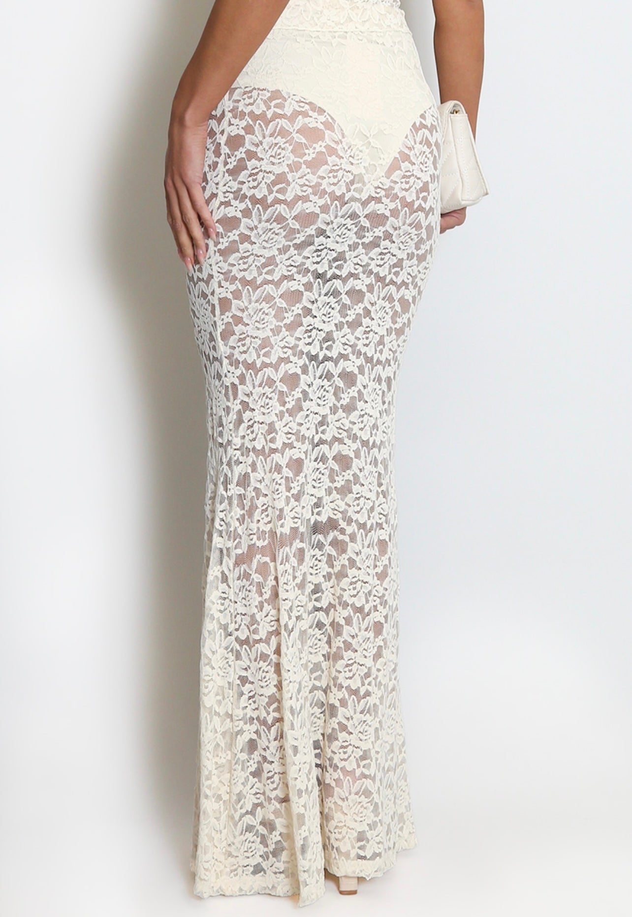 Cream Sheer Floral Lace Maxi Skirt