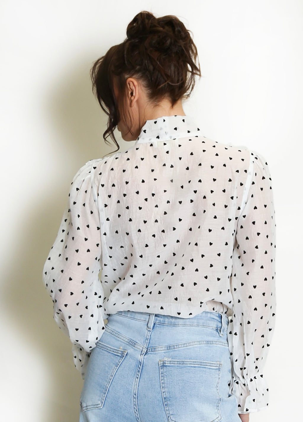 White Hearts Print Tie Neck Chiffon Blouse