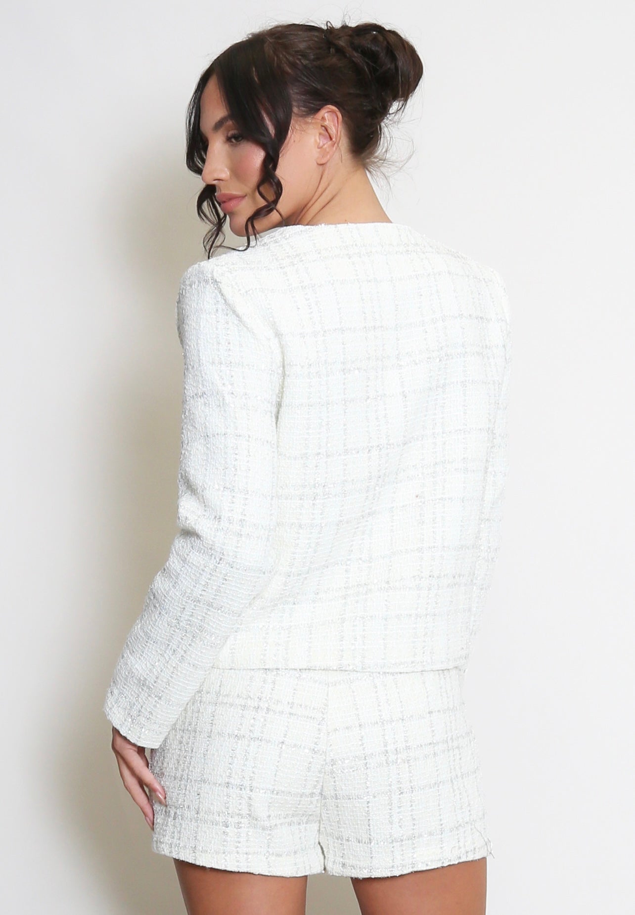 Tweed Half Button Collarless Blazer