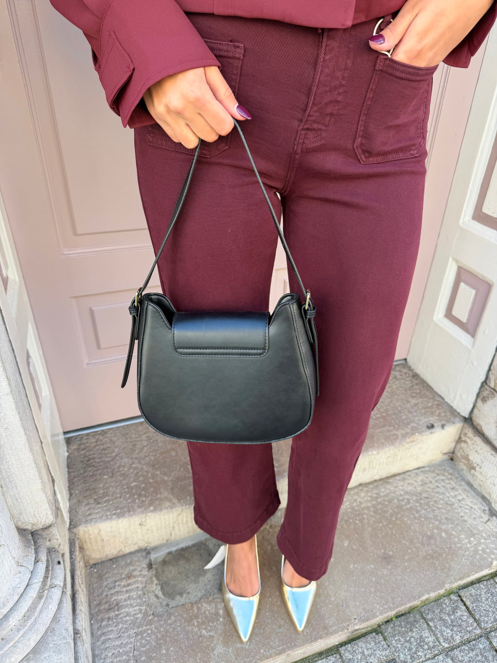 Black Gold Detail Badge Shoulder Handbag