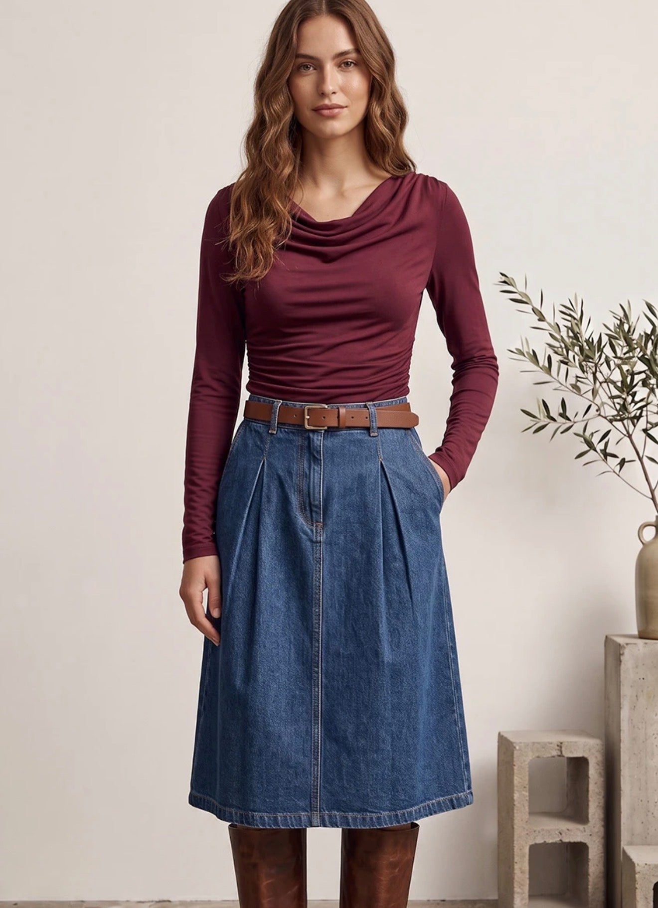 Burgundy Boat Neck Long Sleeve Top