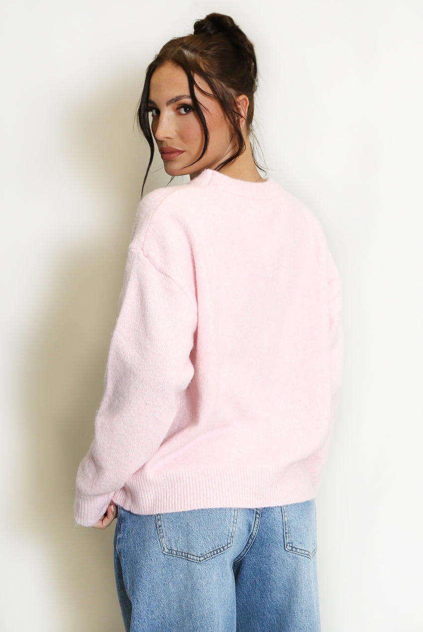 Pink Fluffy Knit Jumper With Bow Motif