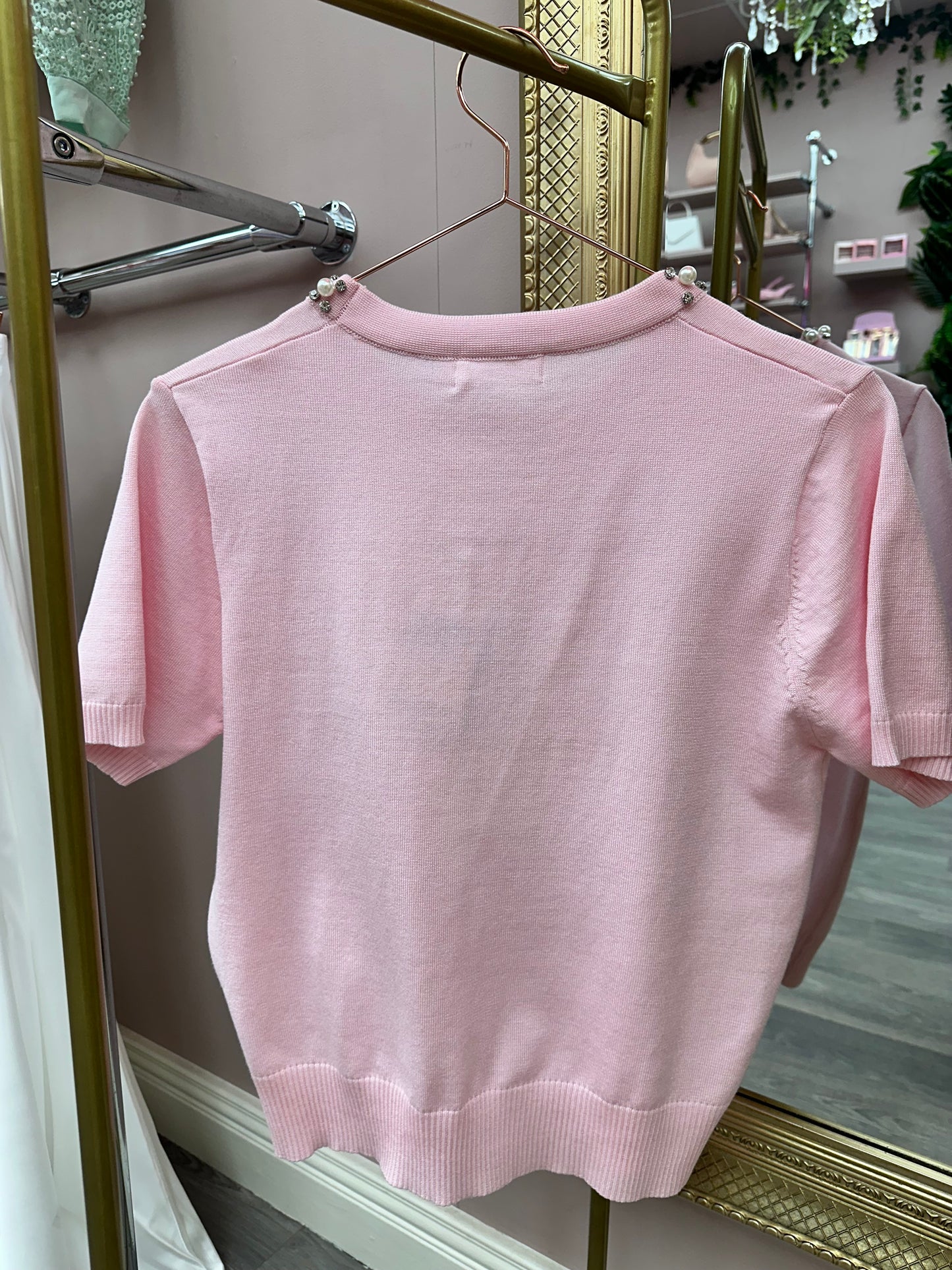 Baby Pink Pearl Detail Knit Top