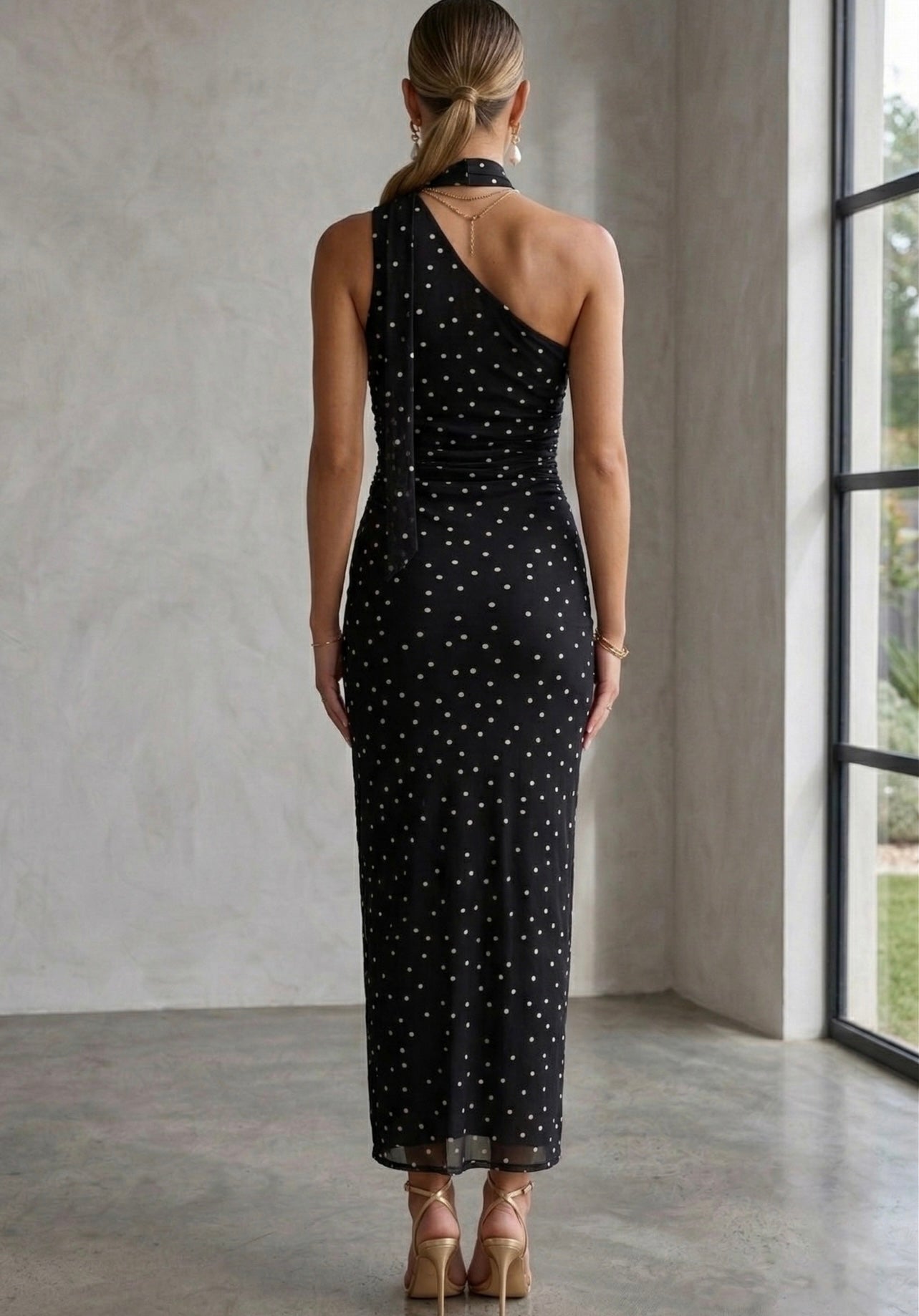 Black Polka Dots One Shoulder Midi Dress
