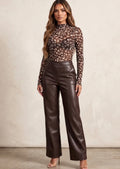 Brown Leather Straight Leg Trousers