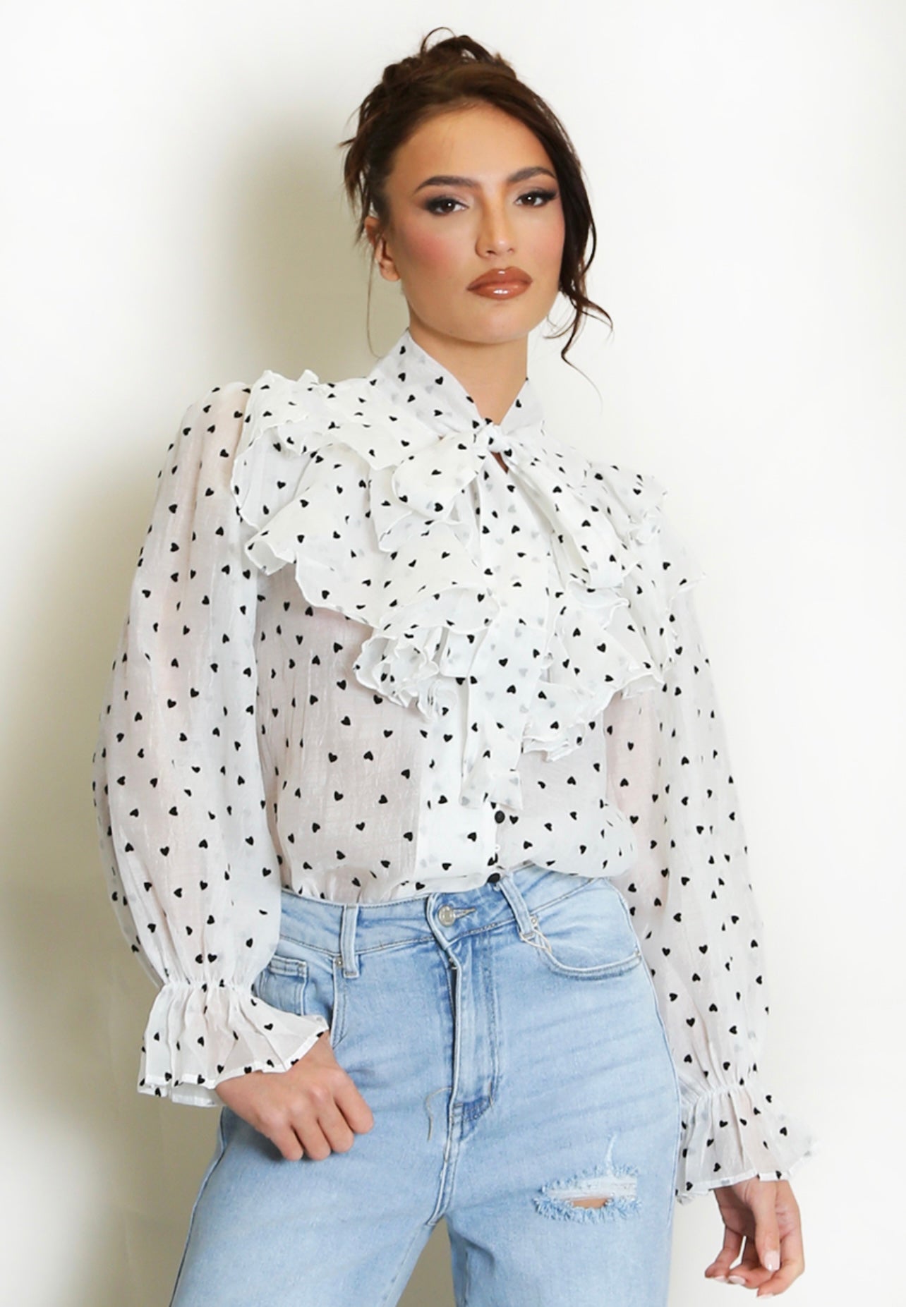 White Hearts Print Tie Neck Chiffon Blouse