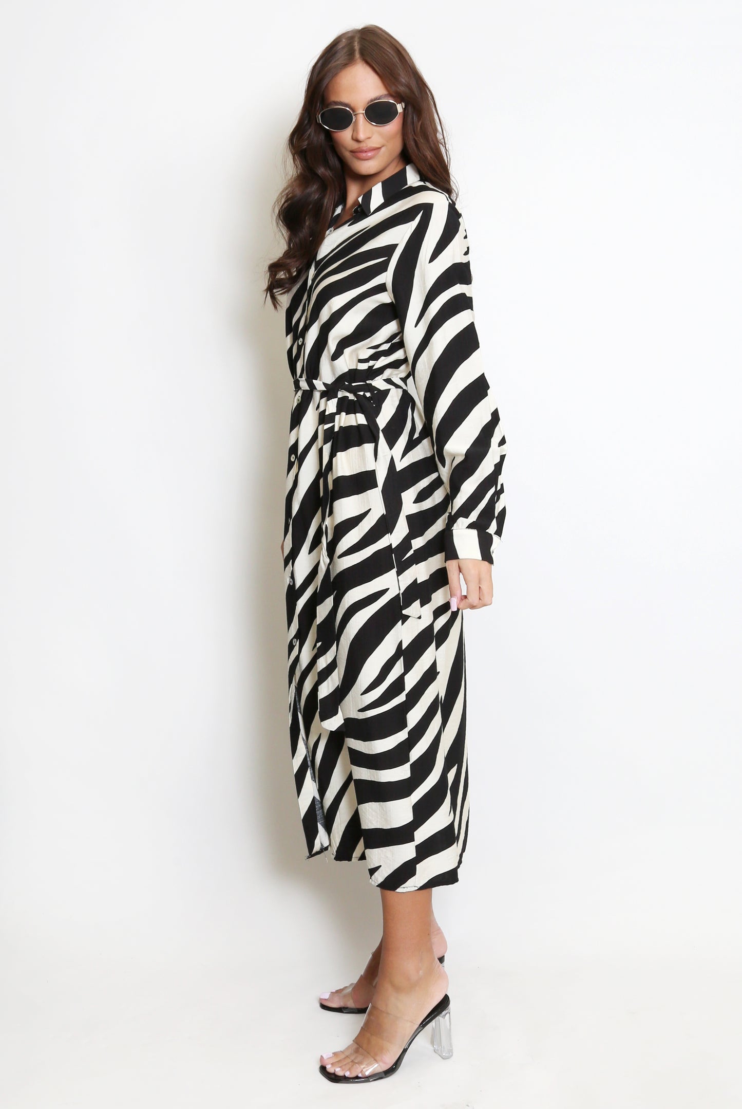 Black Zebra Print Belted Shirt Dress