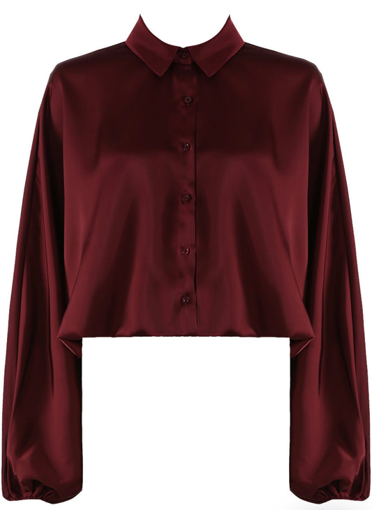 Wine Bubble Hem Satin Blouse