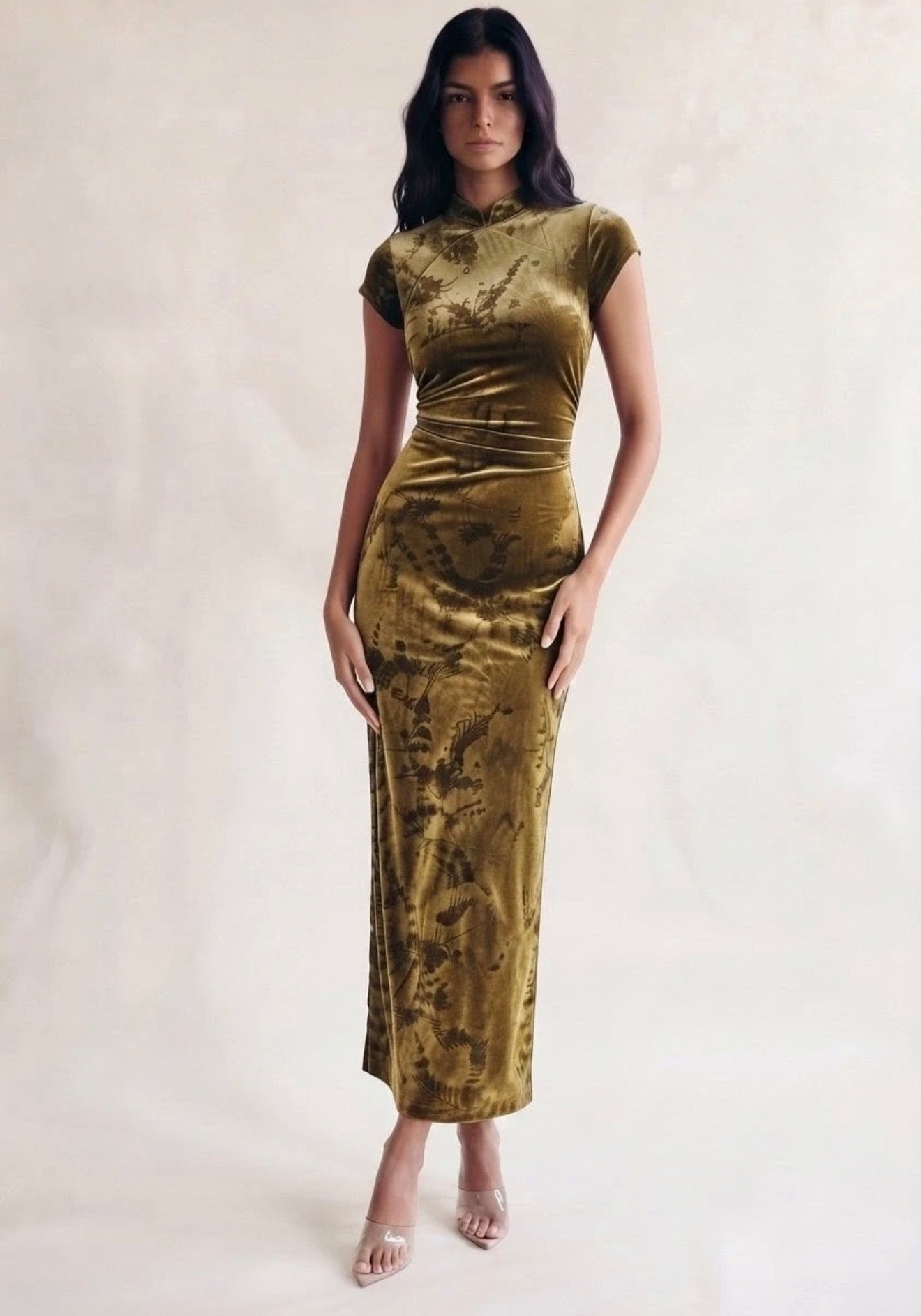 Olive Green Floral Burnout Midi Dress