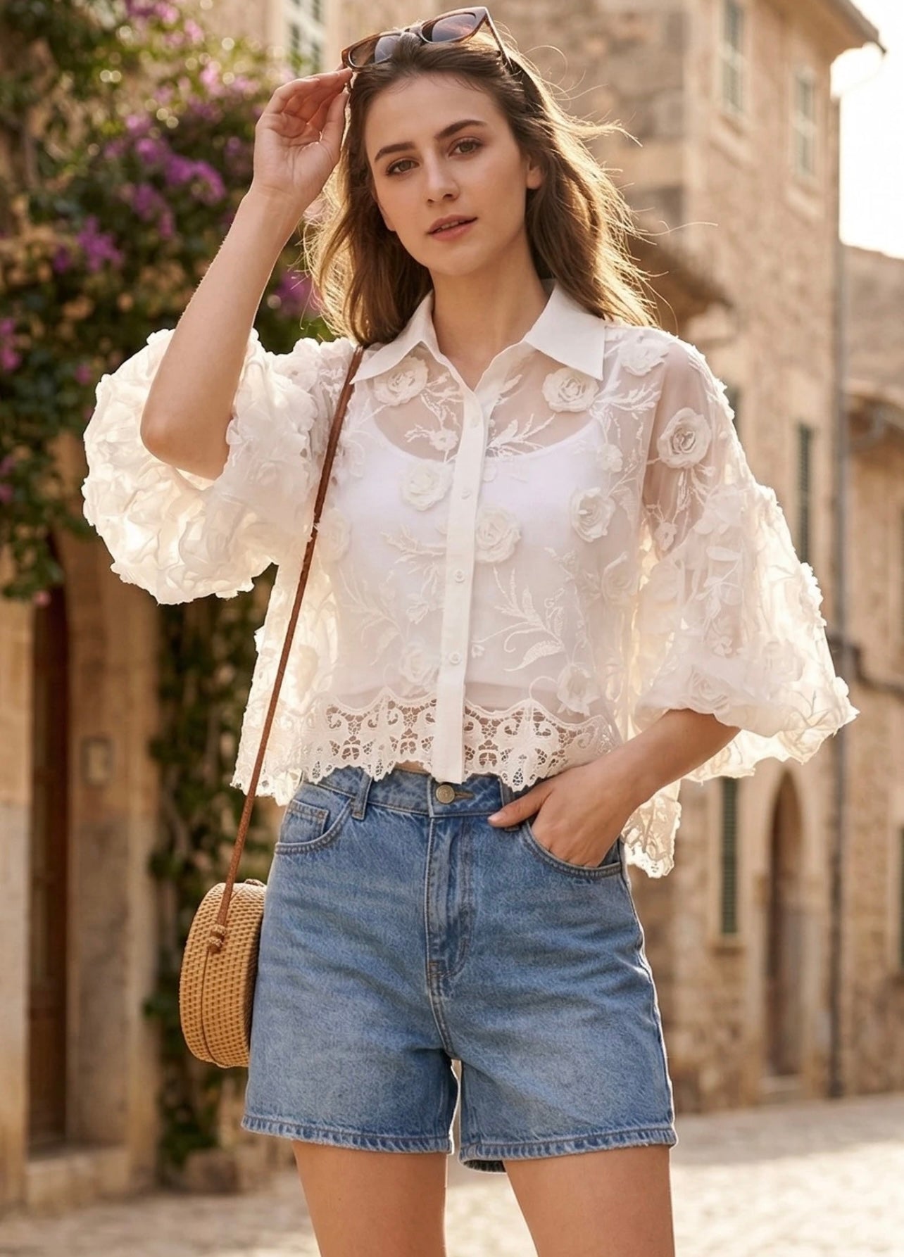 White Lace Embroidered Puff Sleeve Blouse