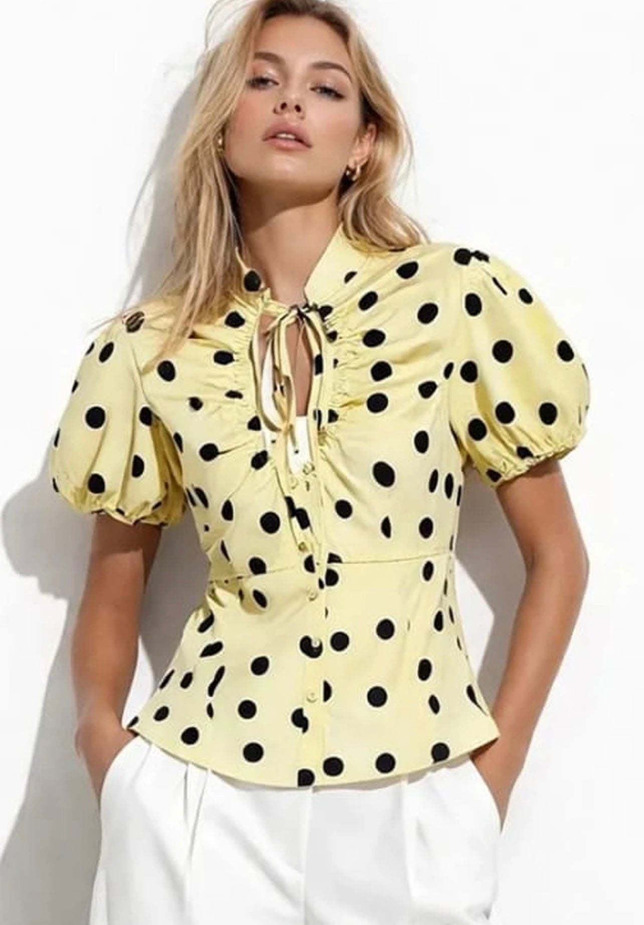 Yellow Polka Dots Front Knot Blouse