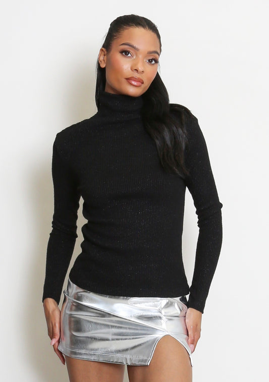 Black Metallic Polo Neck Fine Knit Jumper