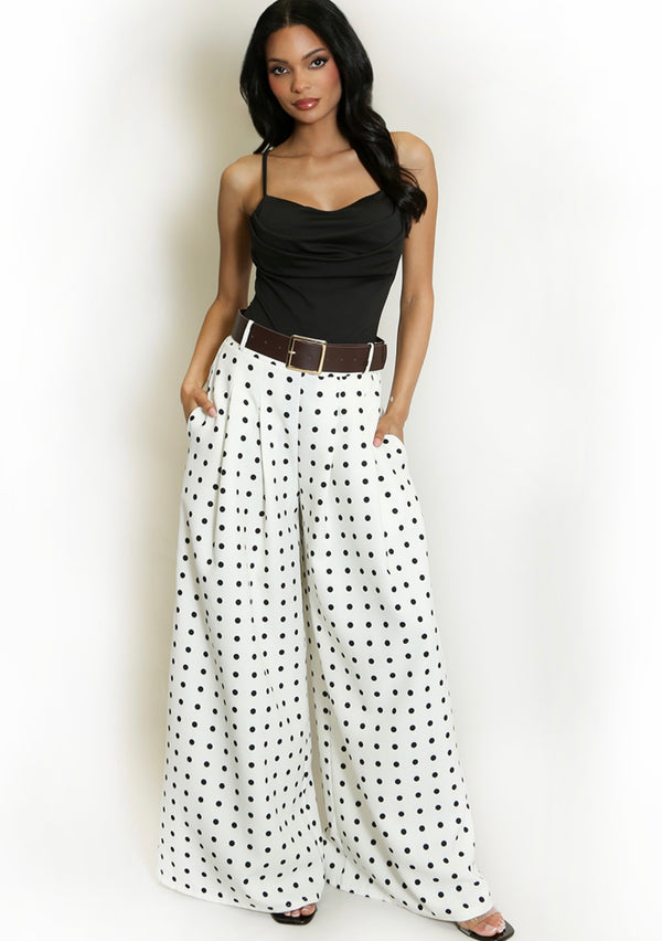 White Polka Dots Wide Leg Belted Trousers