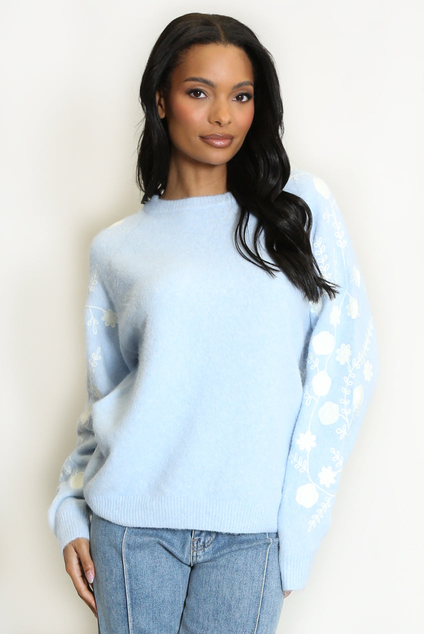 Blue Embroidered Sleeve Fluffy Knit Jumper