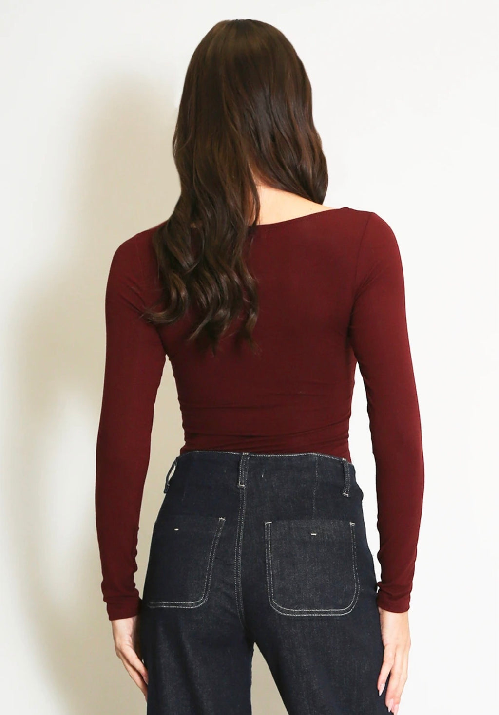 Burgundy Square Neck Long Sleeve Basic Top