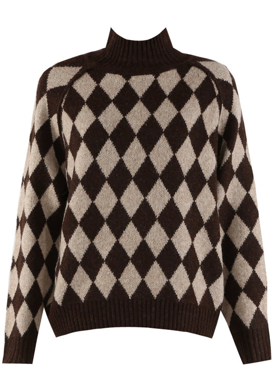 Brown Diamond Knit Roll Neck Jumper
