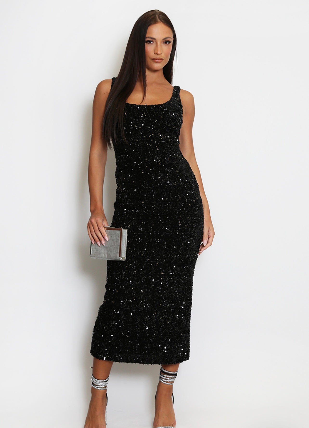 Black Sequin Square Neck Midi Dress