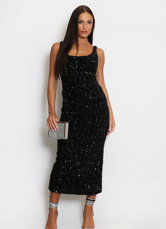 Black Sequin Square Neck Midi Dress