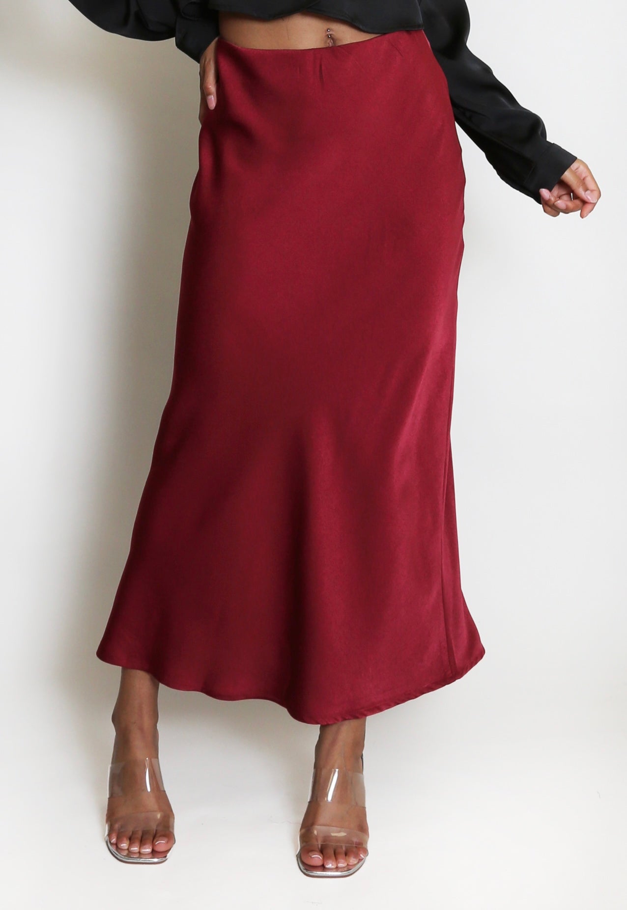 Burgundy Satin BIas Cut Midi Skirt