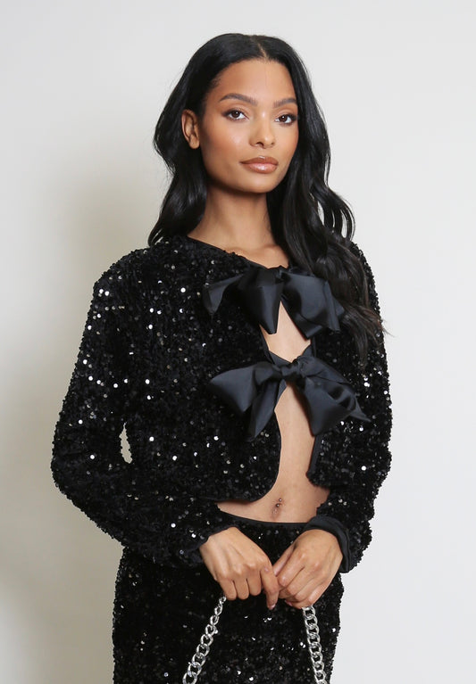 Black Bow Front Sequin Top