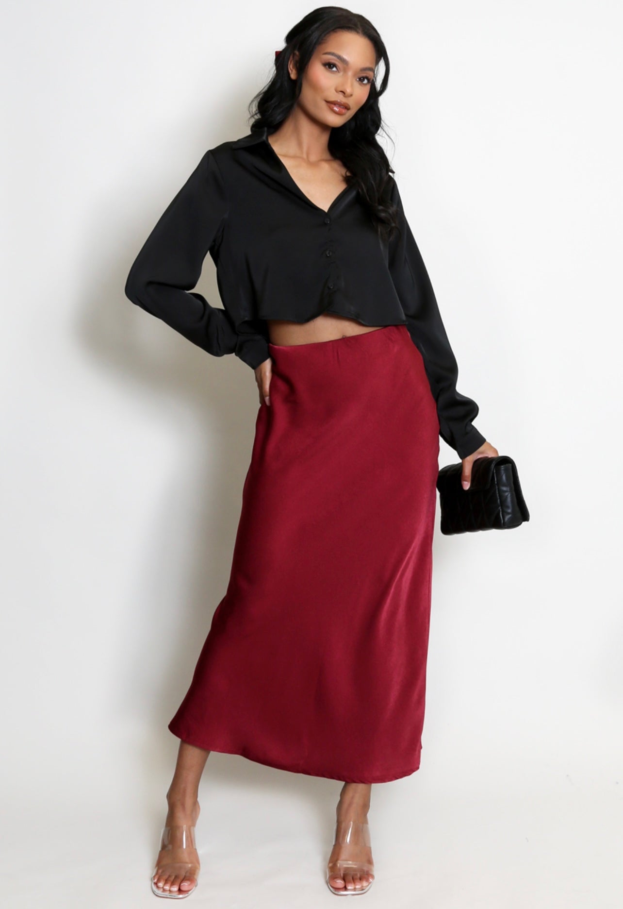 Burgundy Satin BIas Cut Midi Skirt