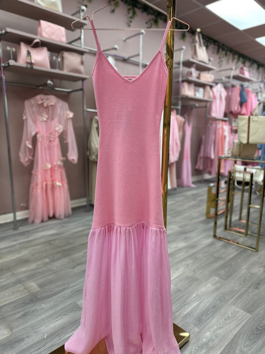 Pink Lace Sheer Detail Midi Dress