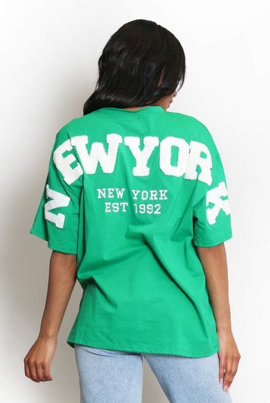 Green and White New York Embossed Back T-Shirt