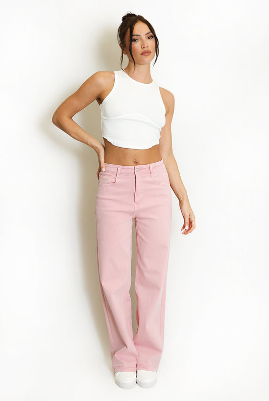 Pink Denim Straight Leg Stretch Jeans