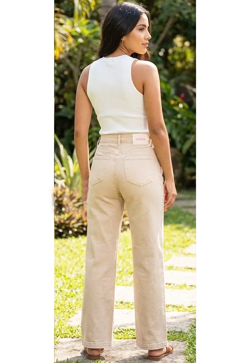 Beige Denim Straight Leg Stretch Jeans