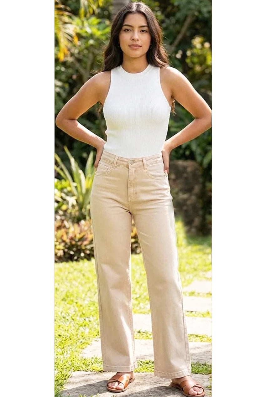 Beige Denim Straight Leg Stretch Jeans