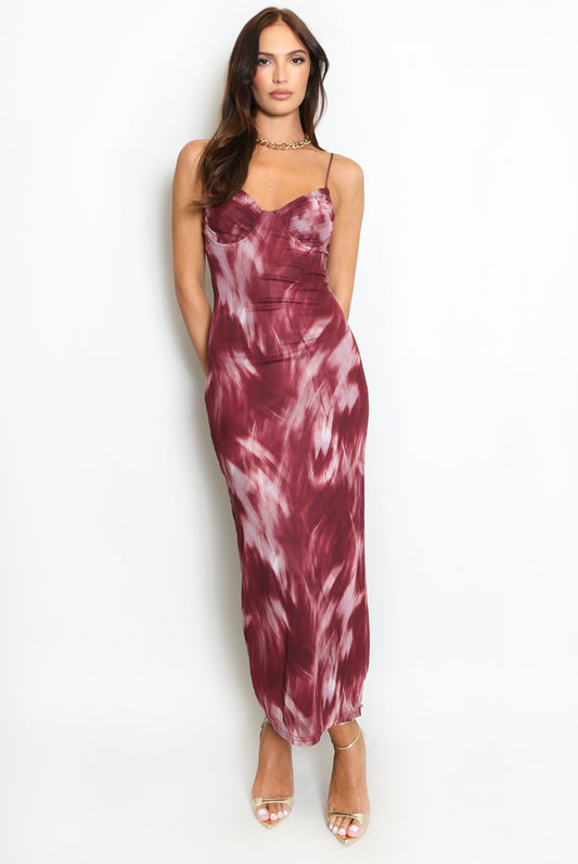 Wine Abstract Print Mesh Midi Dress