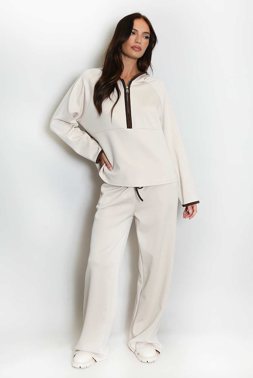 Beige Contrast Piping Hooded Sweatshirt And Jogger Set