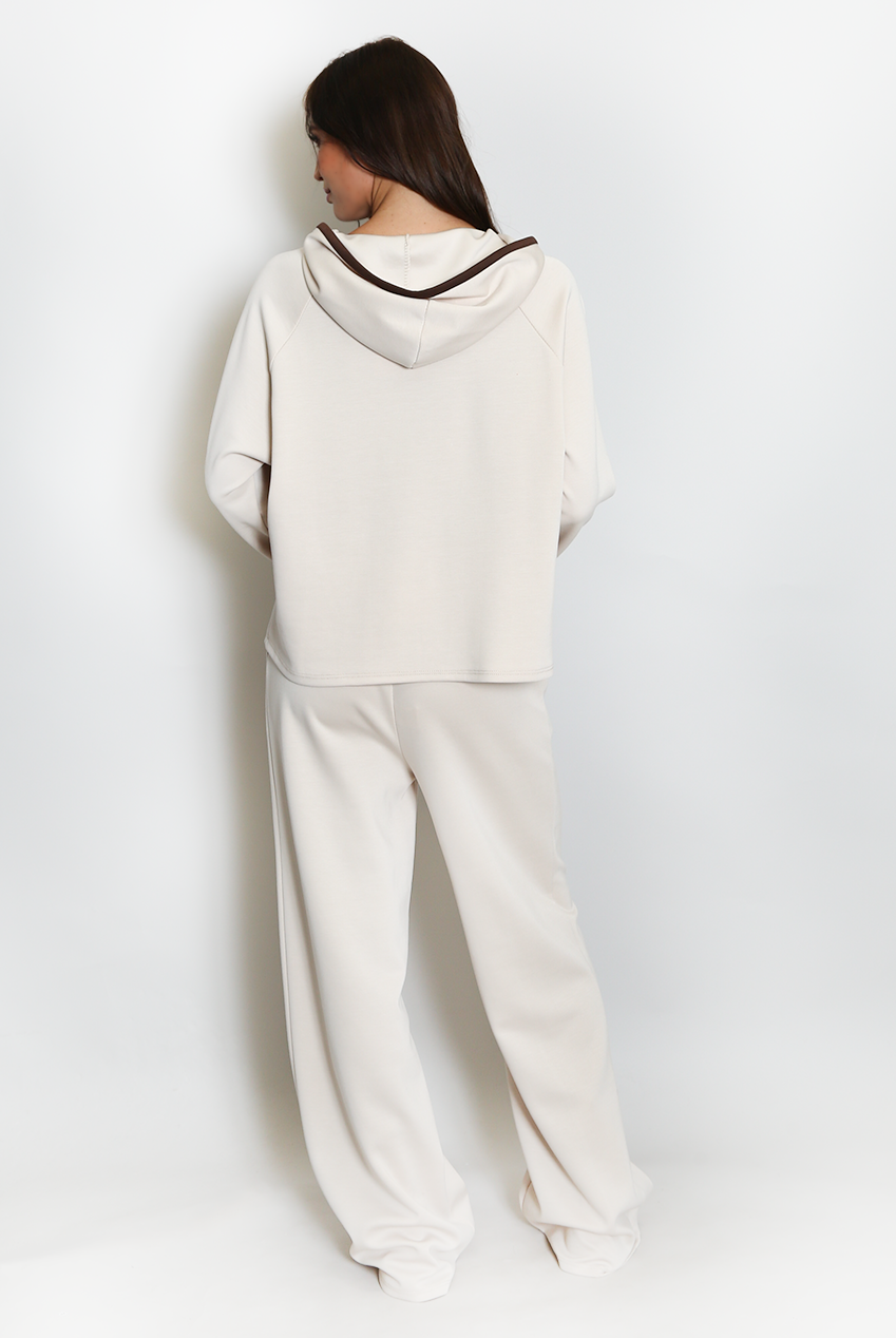 Beige Contrast Piping Hooded Sweatshirt And Jogger Set